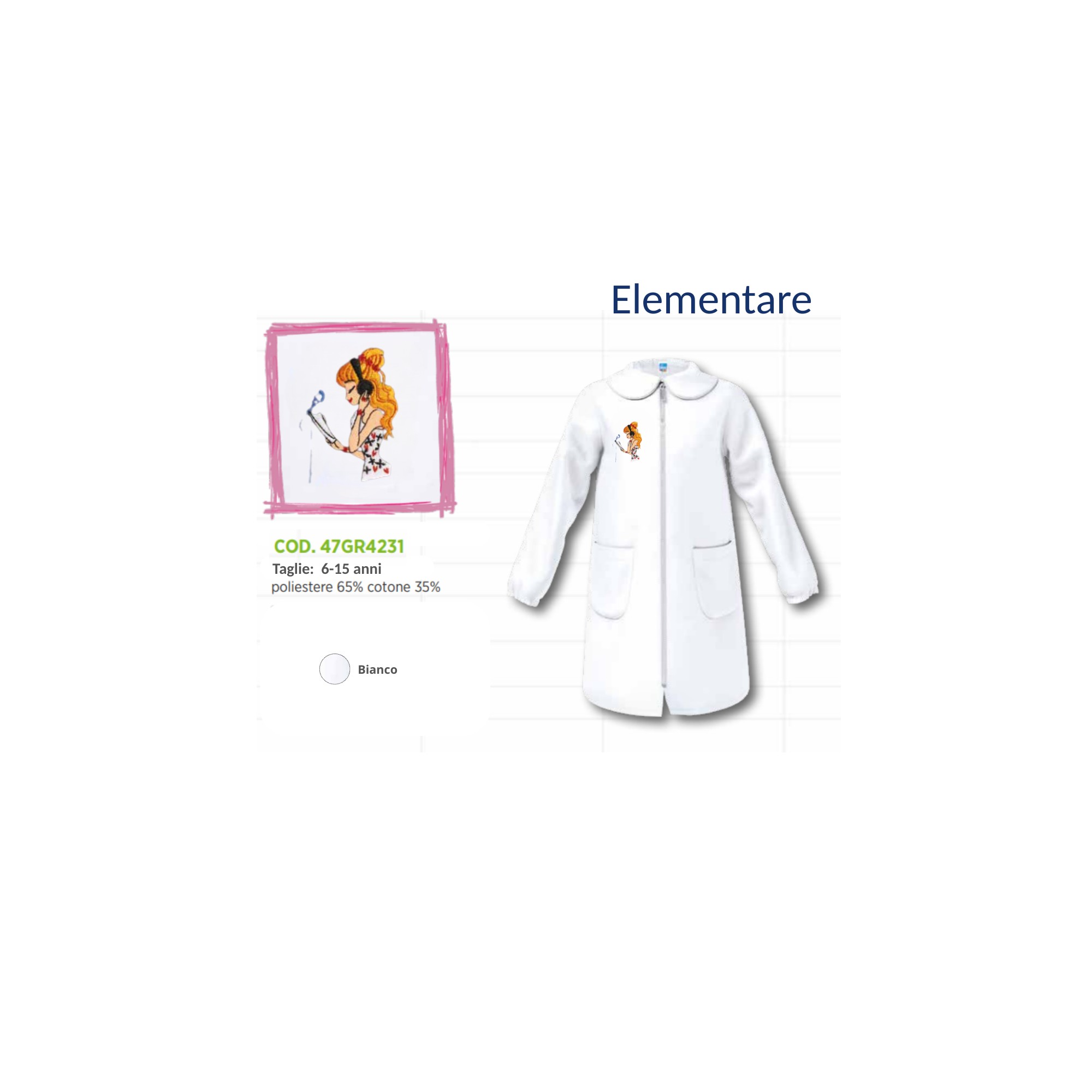 Grembiule scuola elementare femmina Siggi bianco con zip