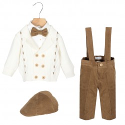 COMPLETO BATTESIMALE IN LANA CARDIGAN DOPPIO PETTO CON PAPILLON E PANTALONE IN CAMOSCIO