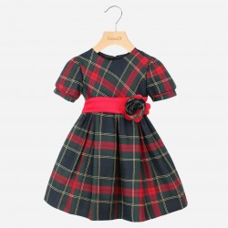 Abito natalizio ragazza in tartan con cintura in velluto e fiore. Eleganza Made in Italy, disponibile fino a 10 anni