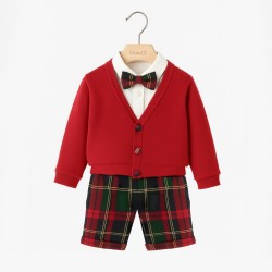 Completo natalizio per neonato con cardigan e papillon abbianto al pantalone corto con bretelle KD12270